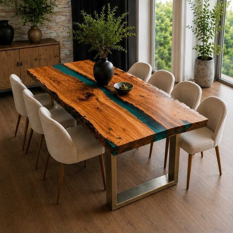 Teal Epoxy River Resin live edge Dining Table