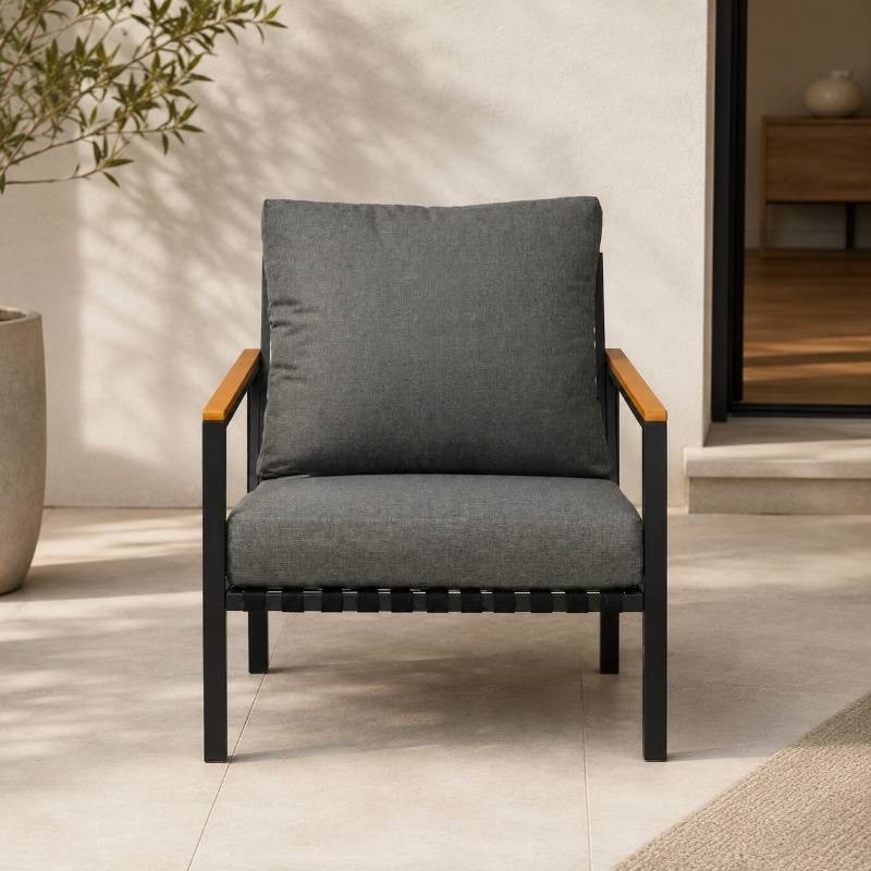 Charcoal Elegance Metal Lounge Chair With Solid Wood Armrest | Upholstered Armchai...