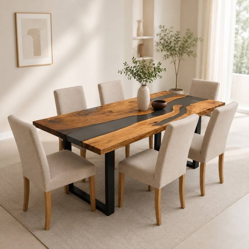 Luxora Solid Wood Epoxy Table with Blue River Style – 4 to 6 Seater Dining