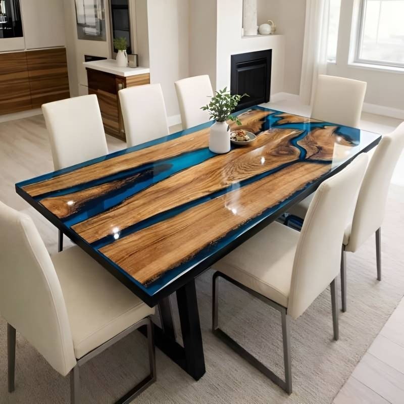Modern Epoxy Resin River Dining Table | Blue Transparent River Table with Solid Wo...
