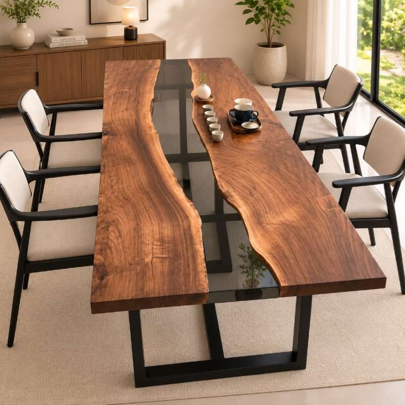 Luxury Acacia Wood Epoxy River Dining Table – 6 Seater Live Edge Solid Wood Dining...