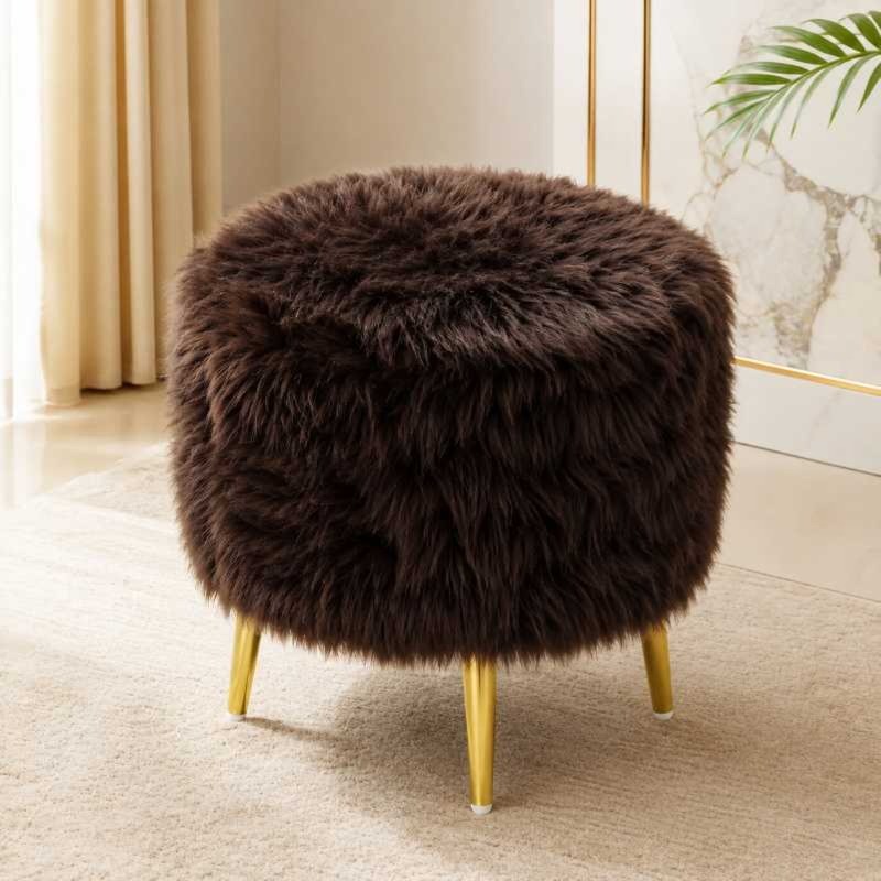 Cocoa Luxe Stool - Brown Faux Fur Ottoman with Gold Legs for Modern Home Decor