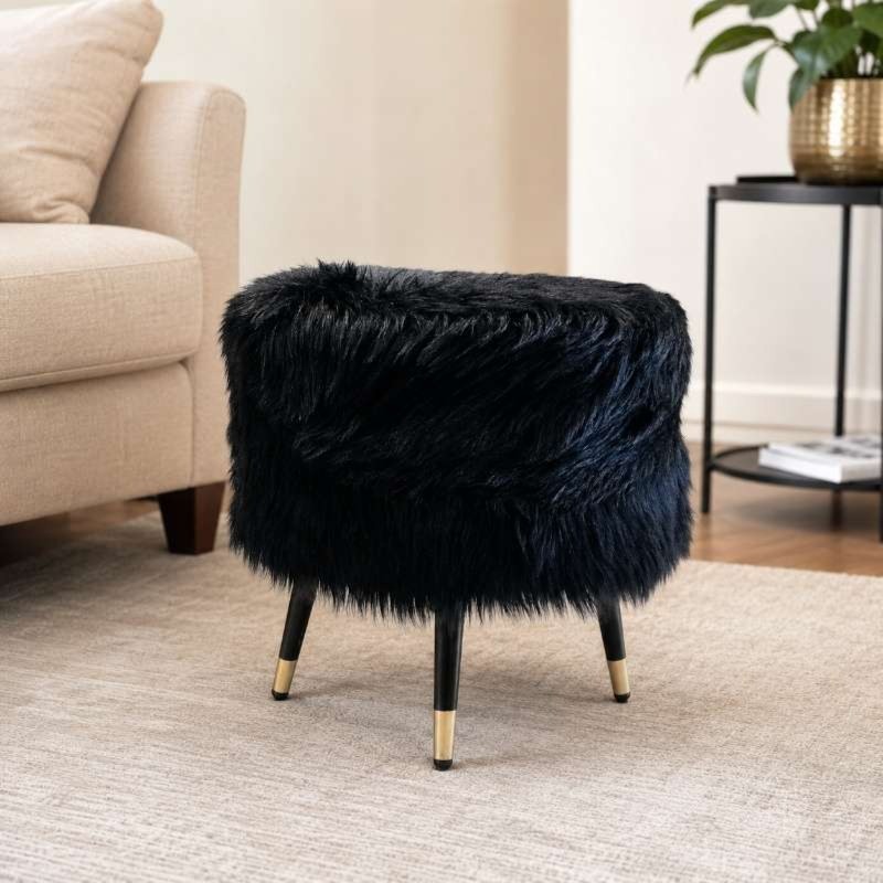 Midnight Glam Black Faux Fur Ottoman Stool with Gold Legs for Modern Home Decor | ...