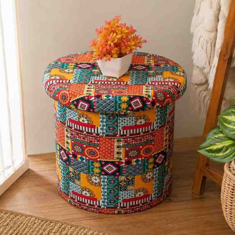 Boho Fabric Upholstered Storage Ottoman Pouffe Stool | Handcrafted Bohemian Storag...