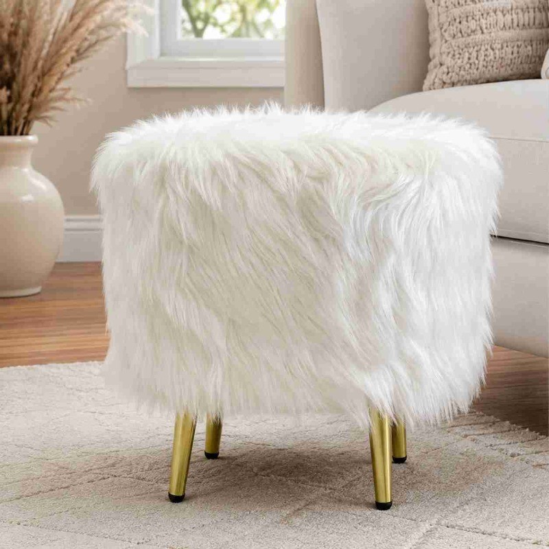 White Faux Gilded Ottoman Fur Pouff Stool | Fur Pouff Stool with Gold Legs for Mod...