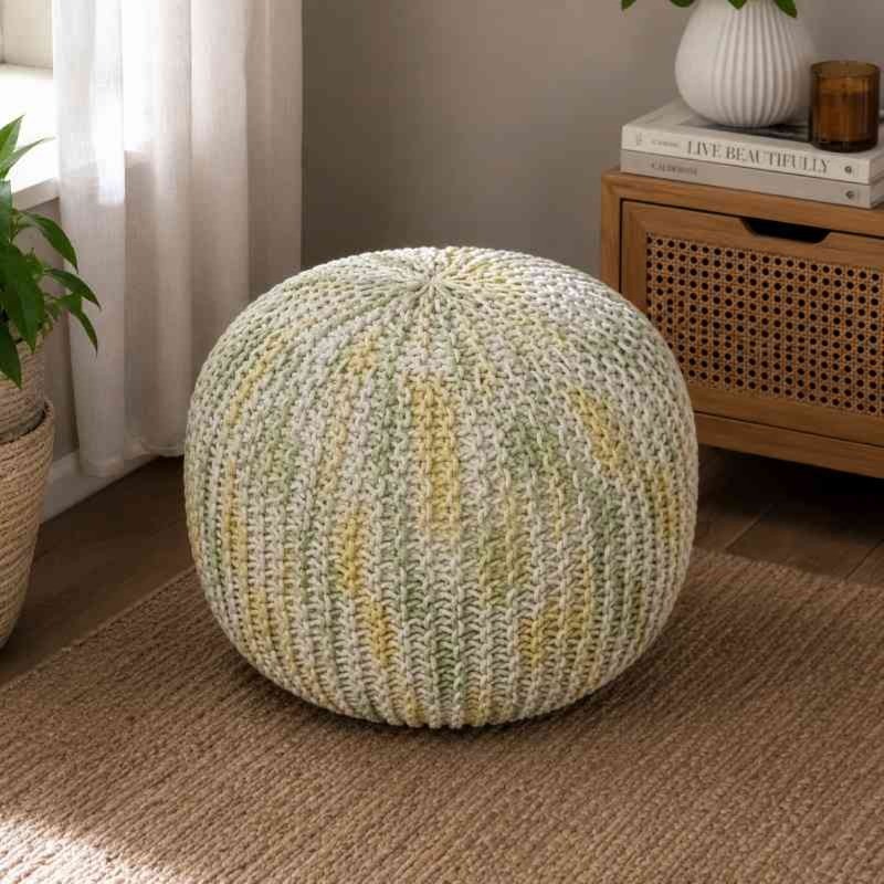 Hand-Knitted Boho Round Pouf Ottoman | Round pouf for modern home interiors | Bohe...