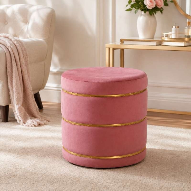 Elegant Round Pink Velvet Ottoman