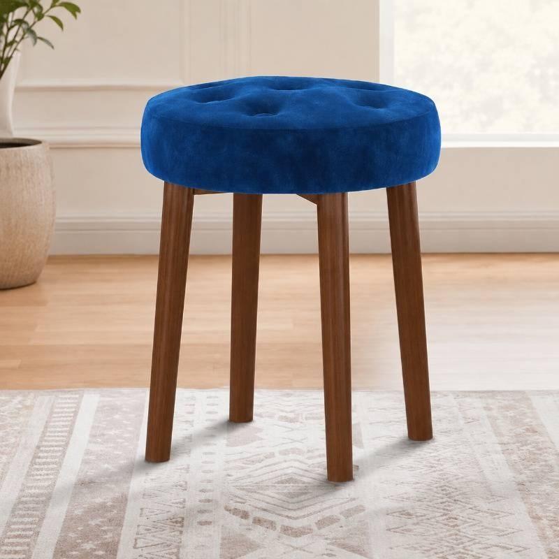 Luxury Blue Tufted Stool with Wooden Legs