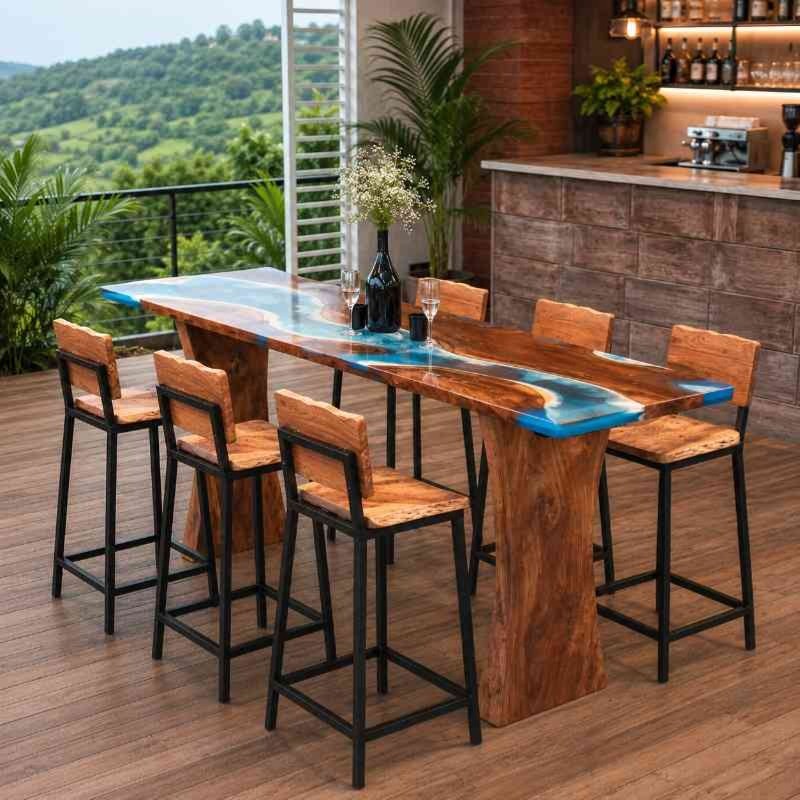 Handcrafted live edge solid wood dining table with an epoxy resin river inlay
