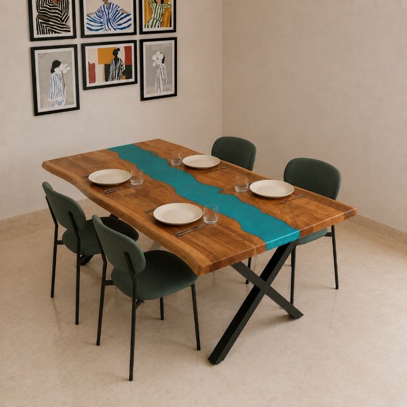 Minimal 4 Seater Dining Table with 4 Chair – Epoxy Resin & Wood