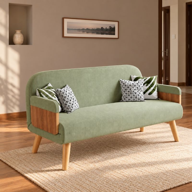 Mid-Century Modern 3-Seater Solid Wood Daybed (Green), Full Sofa Bed, Folding Adjustable Sleeper Lounge Chair