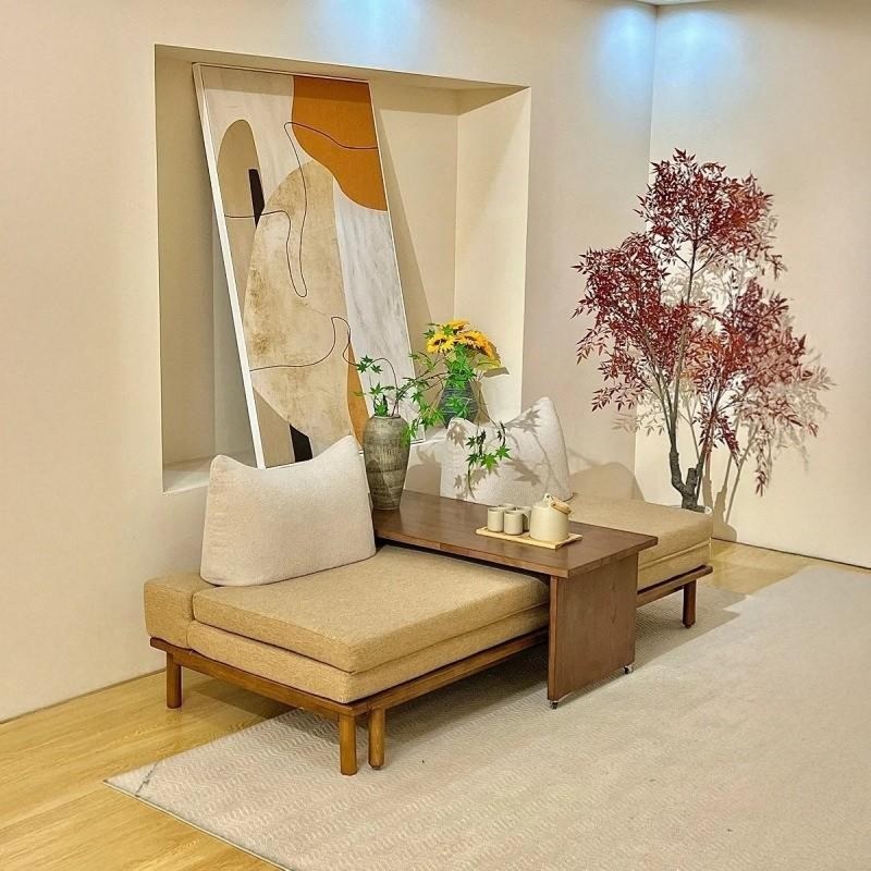 Scandinavian Acacia Wood Pull-Out Sofa Bed with Sliding Coffee Table – Beige Polye...