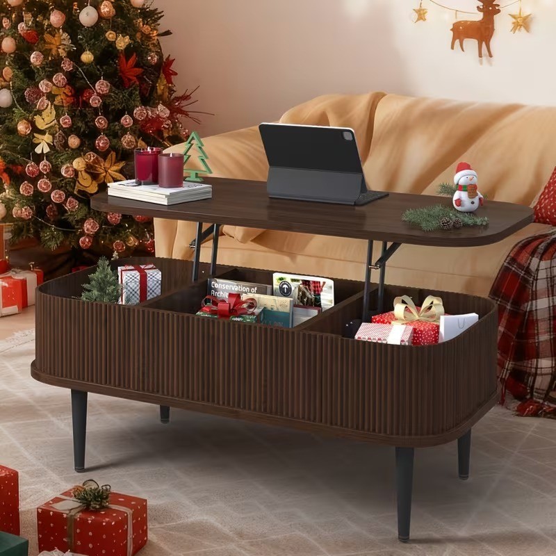 Space-Saving Oval Lift-Top Coffee Table with 3 Hidden Compartments – Acacia Wood