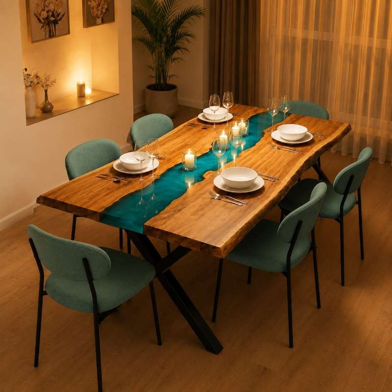 Modern 6-seater epoxy resin dining table set with teal upholstered chairs in a dining room setting