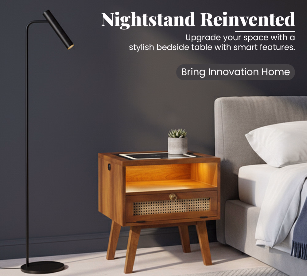 Modern bedroom with a wooden smart bedside table featuring storage and a sleek lamp.