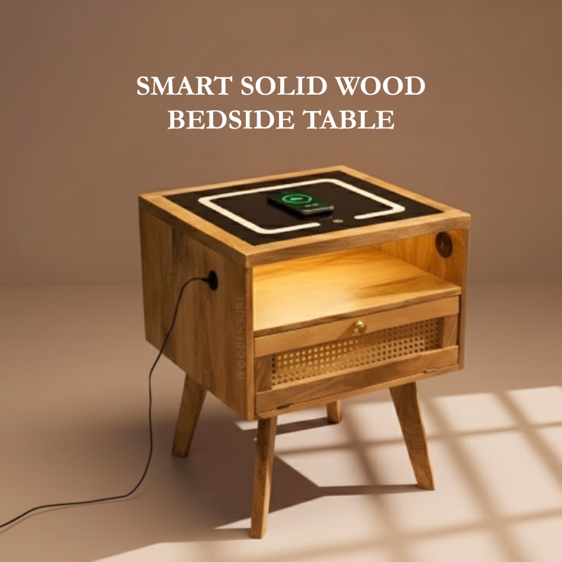 Shop Smart Solid Wood Bedside Table with Wireless Charging Station, LED Light, Rattan Drawer & USB Ports for Bedroom & Living Room