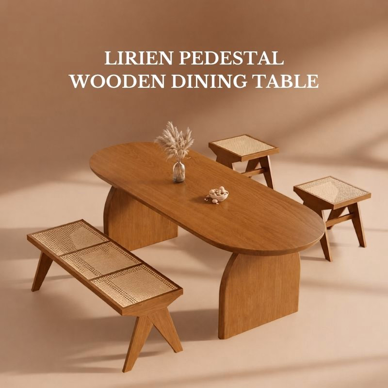 Shop Lirien Pedestal Wooden Dining Table | Acacia Solid Wood with Double Pedestal Base & Wooden Legs | 6-Seater Dining Table | Dining Room