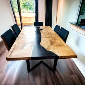 Dining Table | Epoxy Resin Dining Table | 8-Seater Black Epoxy Resin River Live Edge Dining Table...