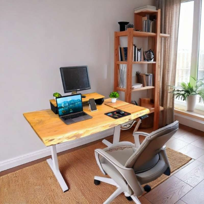 Quantum rise live edge height adjustable desk with whit...