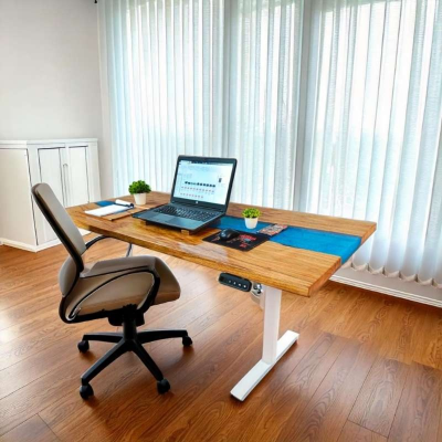 Suprema pearl blue height adjustable desk with white le...