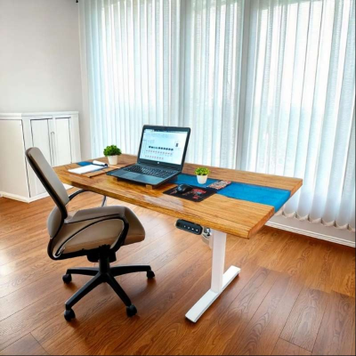 Suprema pearl blue height adjustable desk with white le...