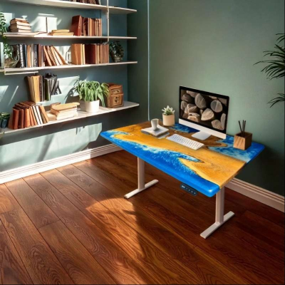 ImperiumX blue beach island standing desk with white le...