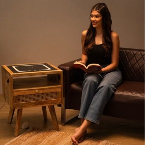 Smart Solid Wood Bedside Table with Wireless Charging Station, LED Light, Rattan D...