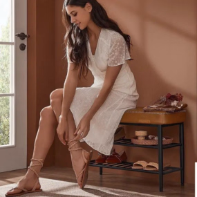 Entryway Storage Shoe Bench | Shoe Rack with Synthetic Leather Stitching (Caramel ...