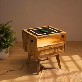 Smart Solid Wood Bedside Table with Wireless Charging Station, LED Light, Rattan D...