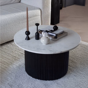 Vogue Round Marble Coffee Table with Fluted Black Wood Base – Modern Luxury Living...