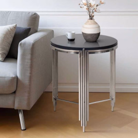 VELVET ARC SIDE TABLE | BLACK MARBLE TOP WITH CHROME BASE | DESIGNER HALF-MOON ACC...