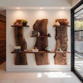 Solid Wood Rustic Floating Wall Shelf with Natural Tree Edge Vertical Wooden Slab ...