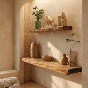 Solid Wood Floating Wall Shelves – Live Edge Minimalist Design for Living Room, Be...