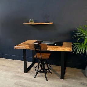 Live Edge Executive Desk with Floating Wall Shelf – Solid Wood Office Table (Natur...