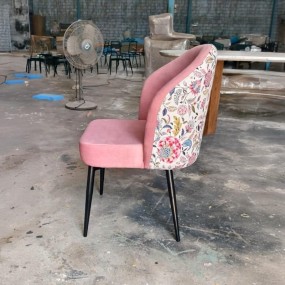 Blush Pink Velvet Accent Chair with Floral Printed Backrest & Removable Black Wood...