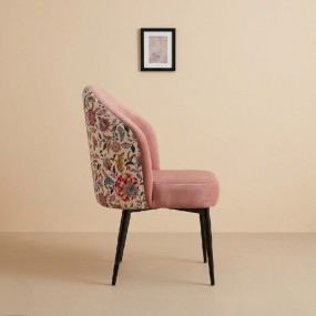 Blush Pink Velvet Accent Chair with Floral Printed Backrest & Removable Black Wood...