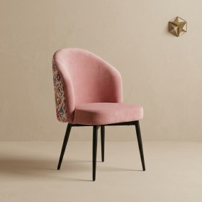 Blush Pink Velvet Accent Chair with Floral Printed Backrest & Removable Black Wood...