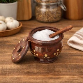Acacia Wood Salt Box with Lid & Spoon – Multipurpose Wooden Kitchen Storage Contai...
