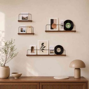 Acacia Wood Picture Ledge Wall Shelves with Steel Bar – Photo, Polaroid & Postcard...