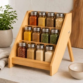 Wooden 3-Tier Spice Jar Storage Rack Organizer for Kitchen Counter