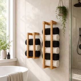Rectangular Wooden Wall Towel Rack for Bathroom Set of 2, Solid Wood Towel Storage...