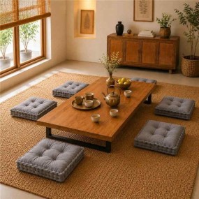 Japanese Low Seating Dining Table Set with Metal Legs & CloudTuft Floor Cushions