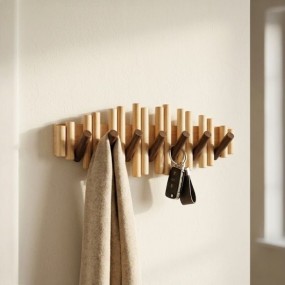 Natural Solid Wood Picket Coat Rack with 7 Flip Wall Hooks