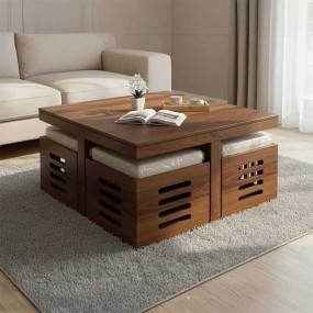 Solid Sheesham Wood Coffee Table Set – Modern Square Design – Honey Finish – Livin...