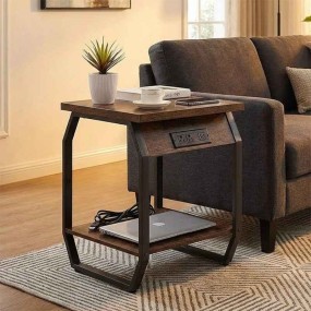 Rustic Smart Charging Sofa Side Table with Storage Shelf | Wooden Side Table with ...