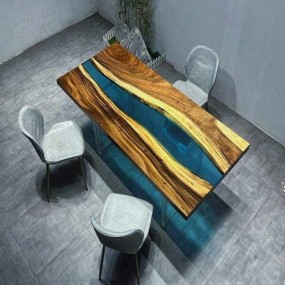 Blue River Solid Wood Epoxy Resin Dining Table
