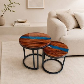 Halo Blue Resin Epoxy Solid Wood & Metal Frame Nesting Table ( Set of 2 )