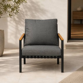 Charcoal Elegance Metal Lounge Chair With Solid Wood Armrest | Upholstered Armchai...