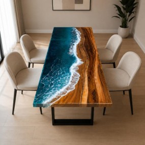 Shoreline Ocean Wave Epoxy Resin Dining Table with Black Metal Legs