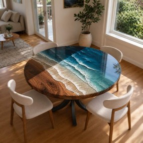 SeaCanvas Round Ocean Wave Epoxy Resin Dining Table with Black Metal Legs